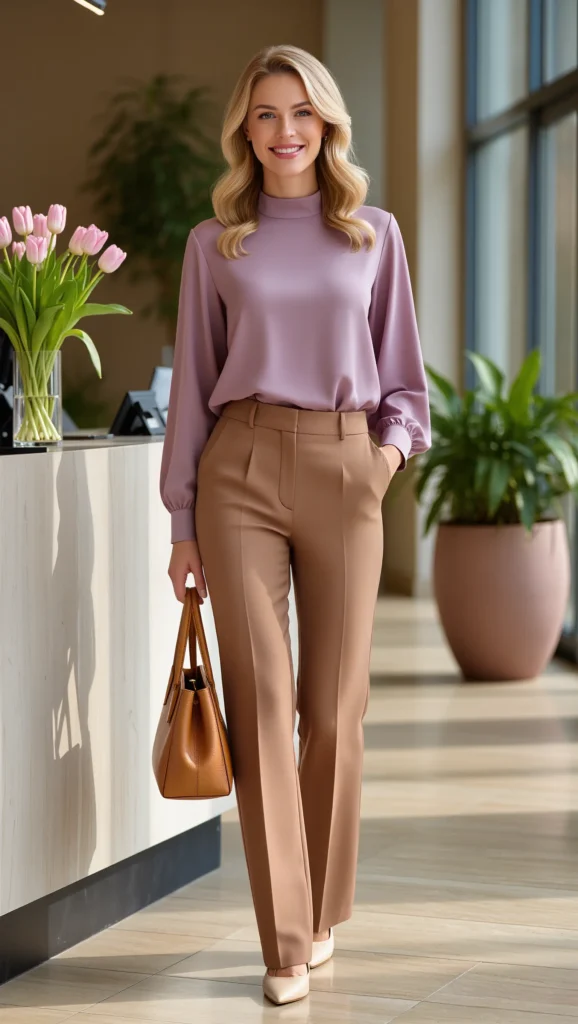21 Stylish Spring Workwear Outfits for 2026 10 Soft Pastel Blouse with Neutral Trousers