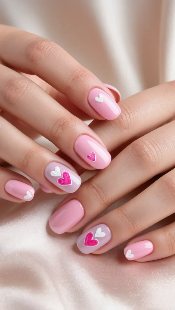 Soft Pink Almond Nails with Micro Heart Accents