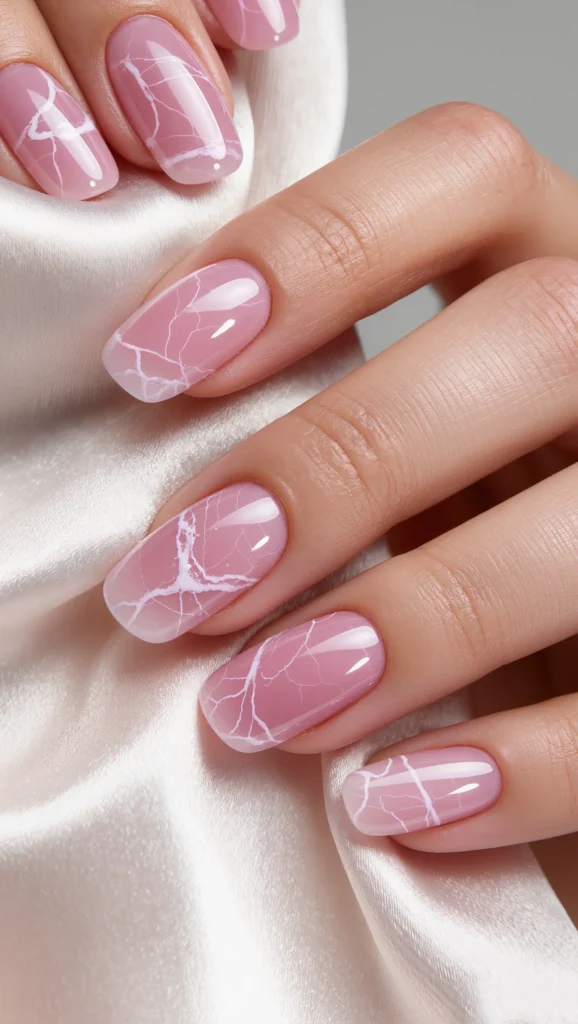 Soft Pink Marble Nails with Delicate White Lines