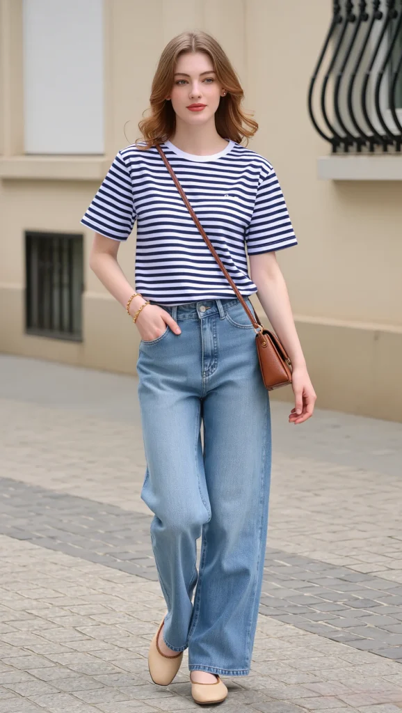 21 Casual Everyday Spring Outfits 2026: Chic & Comfortable Looks 12 Striped Long-Sleeve Tee + Relaxed Denim