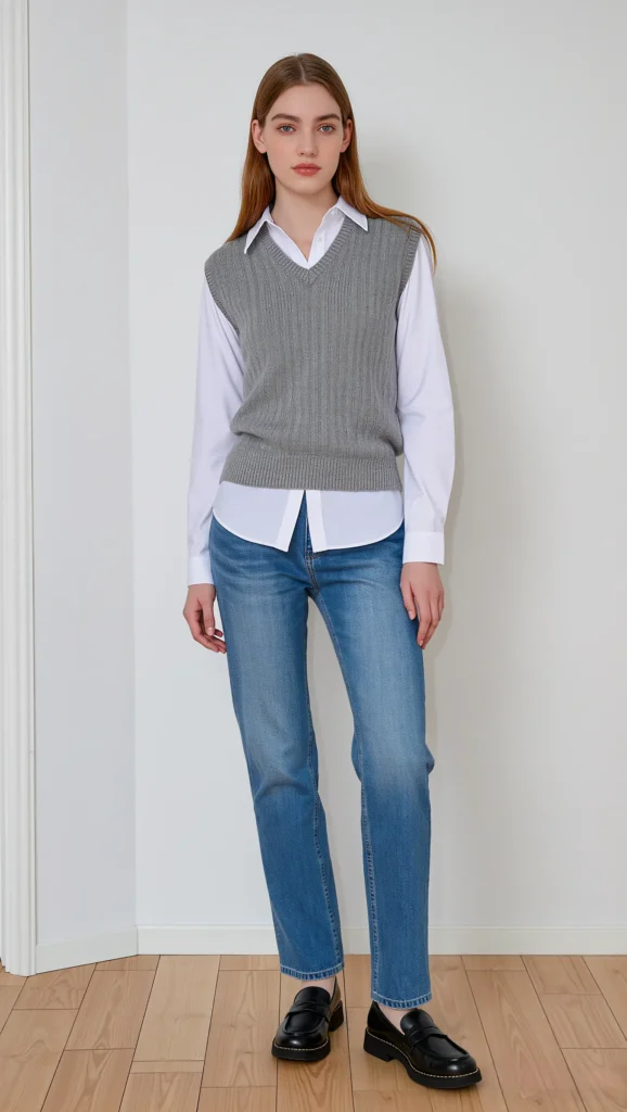 21 Casual Everyday Spring Outfits 2026: Chic & Comfortable Looks 16 Lightweight Sweater Vest + White Button-Down