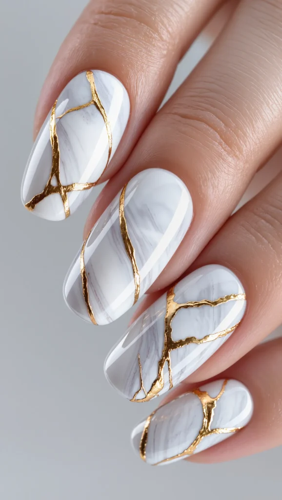 Glossy White Marble Nails with Fine Gold Veins
