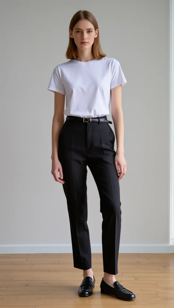 23 Chic Minimal Spring Outfits for 2026: The Beauty of Less 13 White Tee + Black Trousers + Loafers