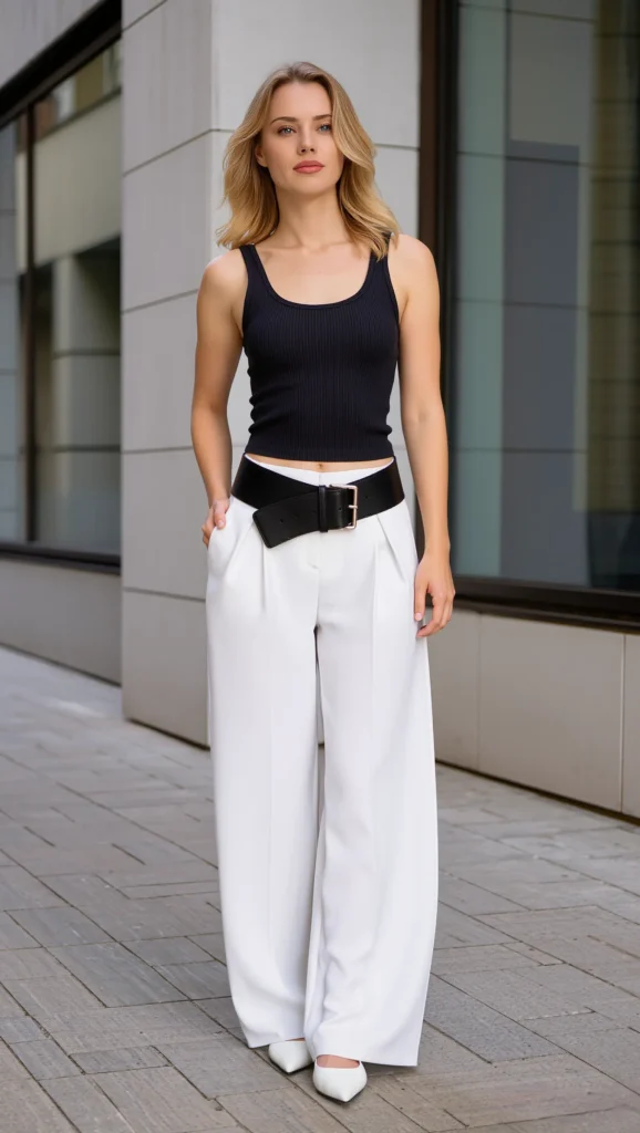22 Spring Street Style Outfits 2026: Trendy & Wearable Looks 5 Wide-Leg Trousers + Ribbed Tank + Statement Belt
