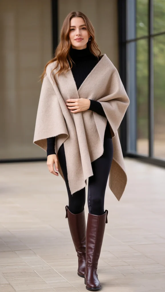 23 Spring Travel Outfit Ideas for 2026 24 Poncho/Wrap + Leggings + Riding Boots
