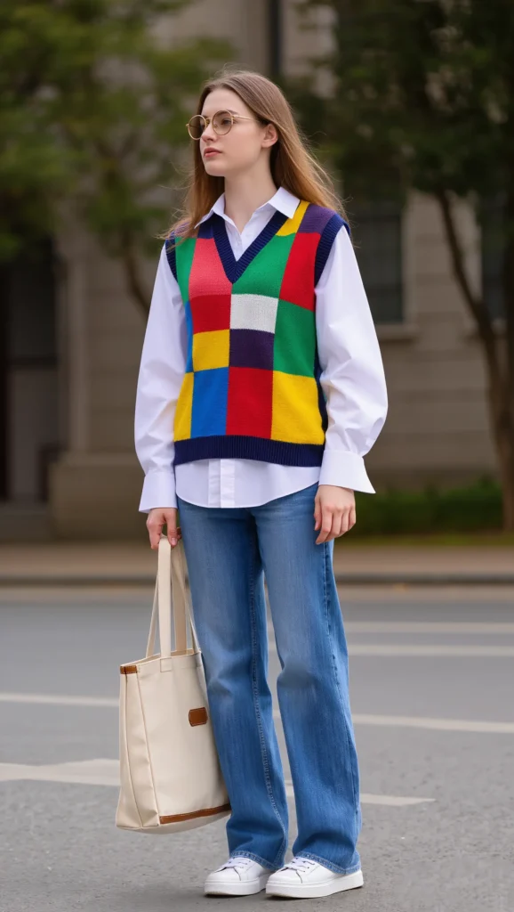 23 Spring Travel Outfit Ideas for 2026 17 Knit Vest + Button-Down + Jeans