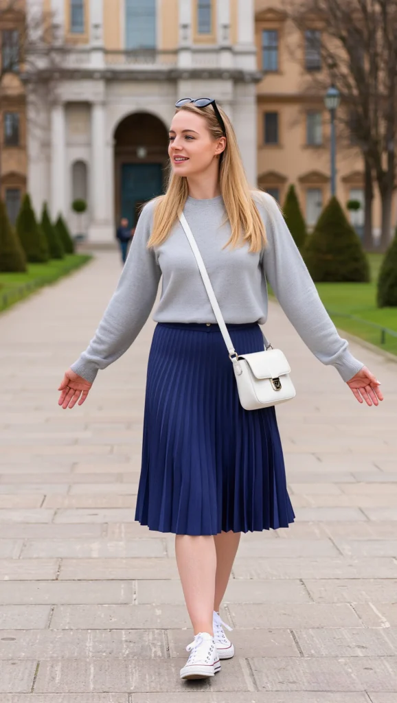 23 Spring Travel Outfit Ideas for 2026 15 Pleated Skirt + Crewneck Sweater + Sneakers