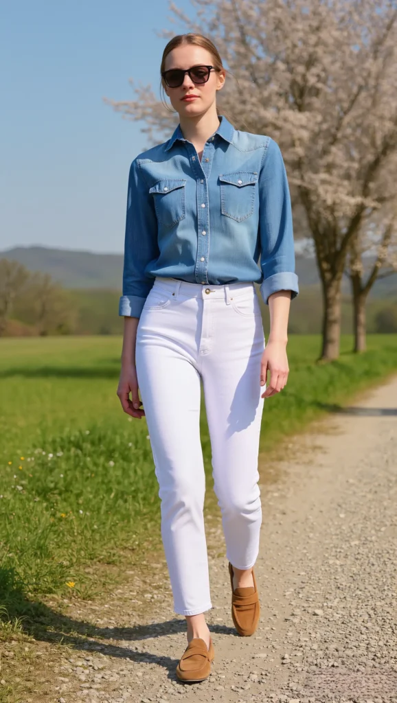 23 Spring Travel Outfit Ideas for 2026 13 White Jeans + Chambray Shirt