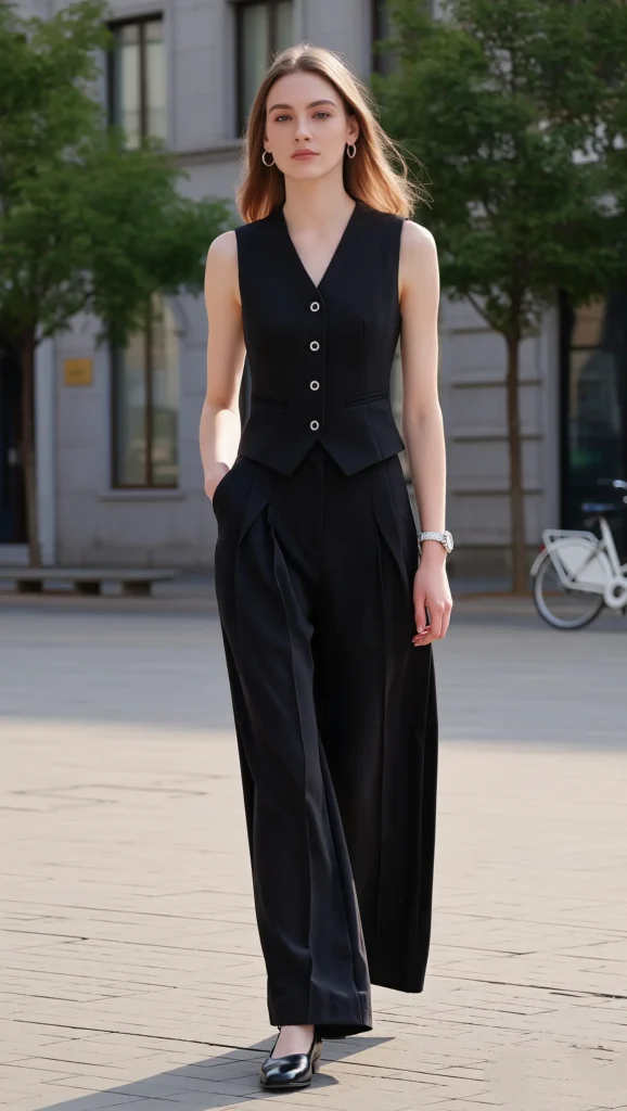 23 Spring Travel Outfit Ideas for 2026 12 Tailored Vest + Wide-Leg Trousers