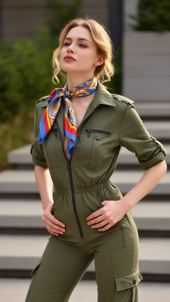 23 Spring Travel Outfit Ideas for 2026 6 Utility Jumpsuit + Silk Scarf