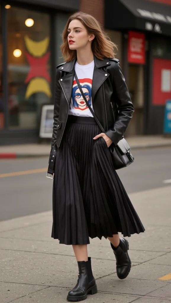 23 Spring Travel Outfit Ideas for 2026 10 Midi Skirt + Graphic Tee + Leather Jacket