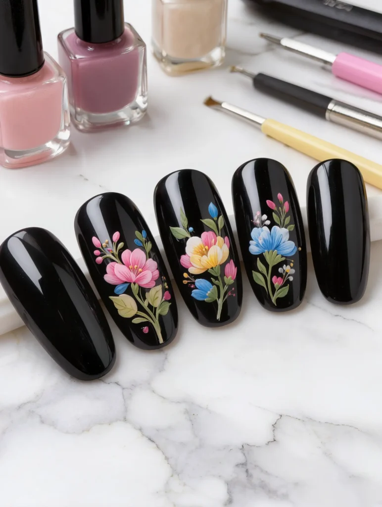 Black Floral Nail