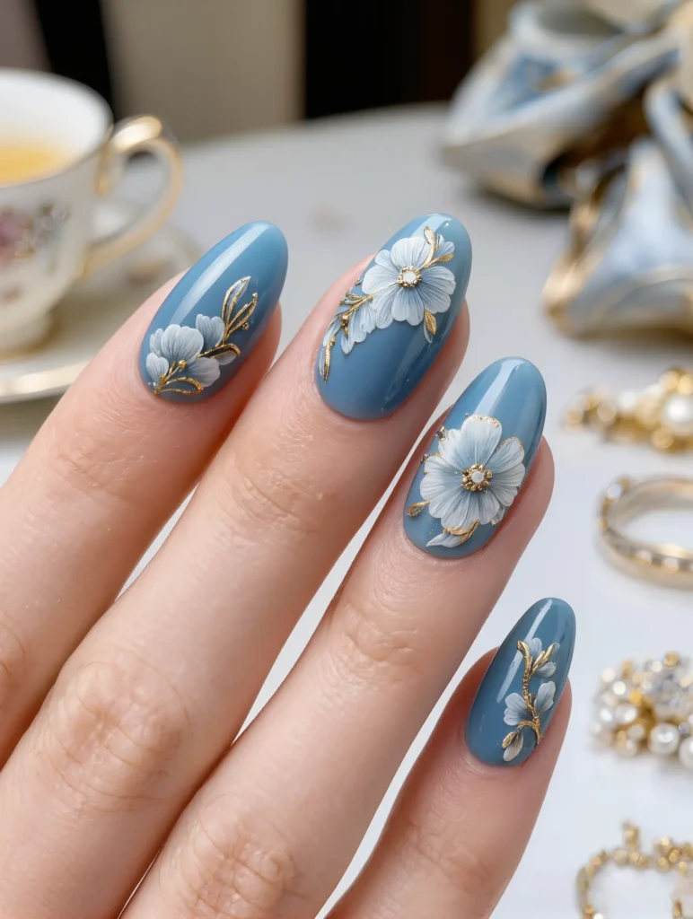 Blue Floral Nail