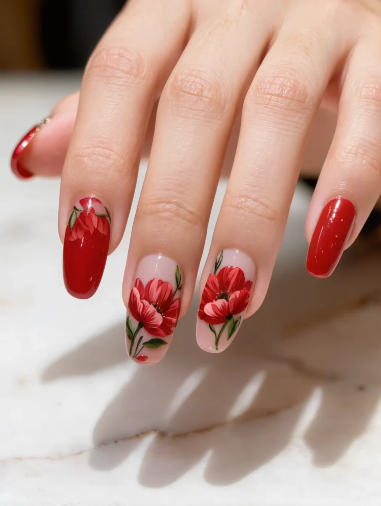 Red Floral Nail