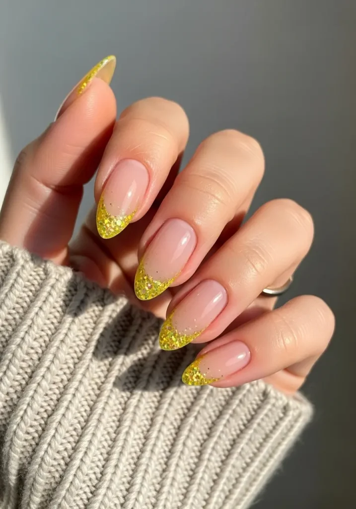 Yellow Glitter French Tip Nail