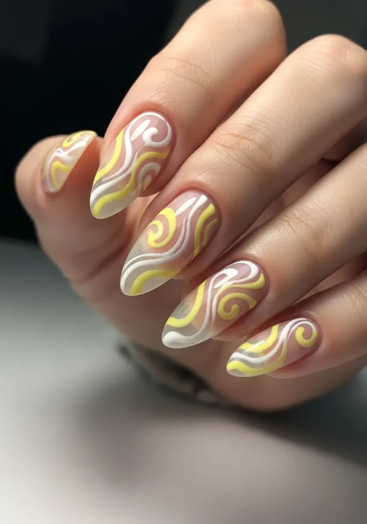 Yellow and White Swirl Nail