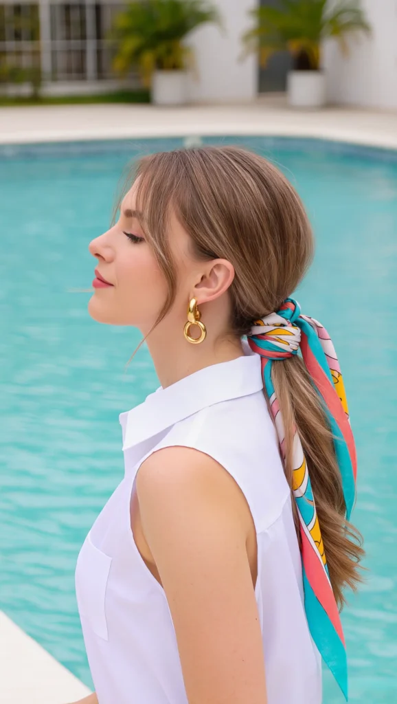 25 Pool-Friendly Hairstyles That Stay Cute All Day 23 Low Ponytail with Scarf