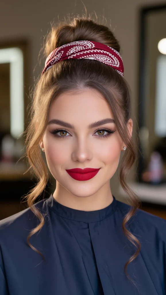 25 Bandana Summer Hairstyles for 2026 That Are Cute, Easy & Trendy 7 High Bun With a Retro Bandana Wrap