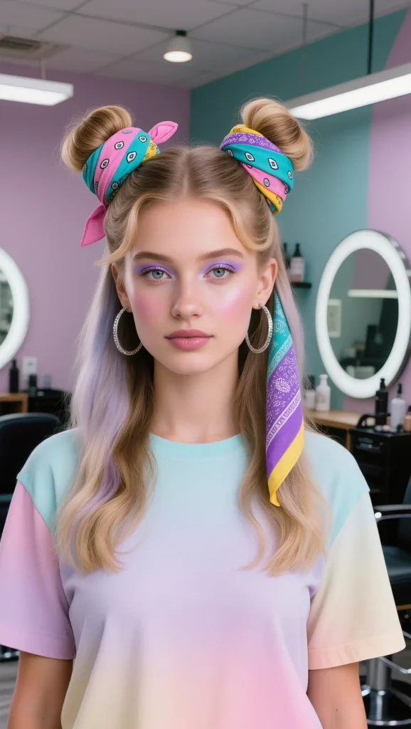 25 Bandana Summer Hairstyles for 2026 That Are Cute, Easy & Trendy 17 Space Buns With Colorful Bandanas