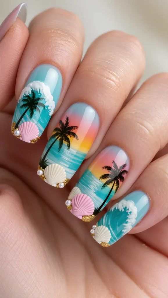 24 Summer Coffin Nail Designs 2026 That Are Bold and Totally Trend-Forward 23 Beach Vacation Nail Design