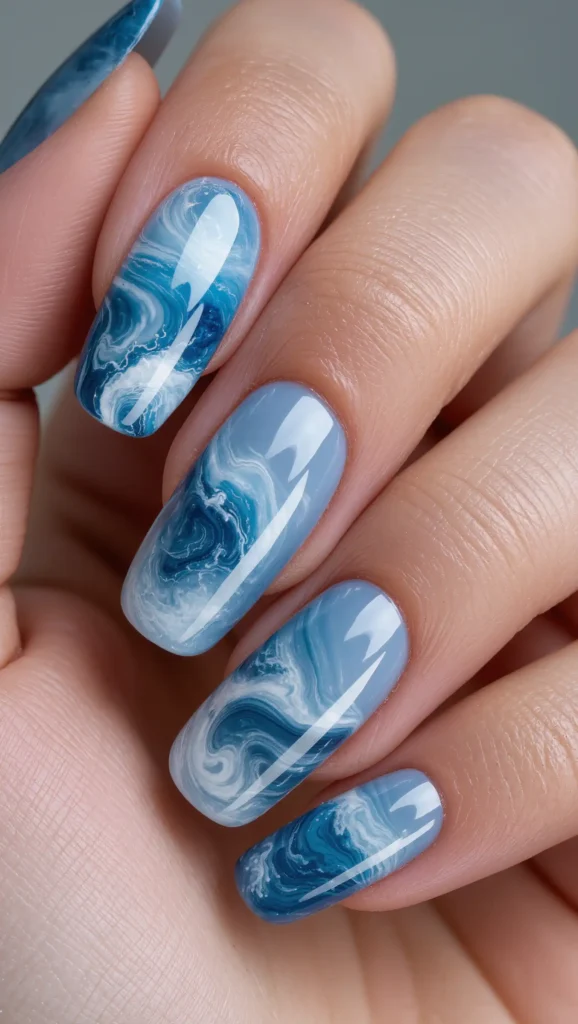 24 Long Summer Nails 2026 That Bring Glamour, Color & Endless Vacation Vibes 14 Blue Marble Nails