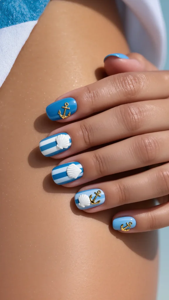 24 Summer Beach Nails Ideas for 2026 That Are Tropical, Trendy & Vacation-Ready 14 Blue and White Coastal Nails