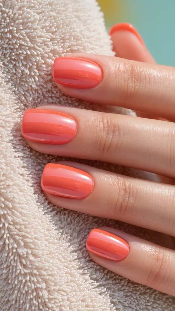 25 Summer Square Nails Ideas 2026 That Are Stylish & Pinterest-Worthy 4 Bright Coral Gloss Nails