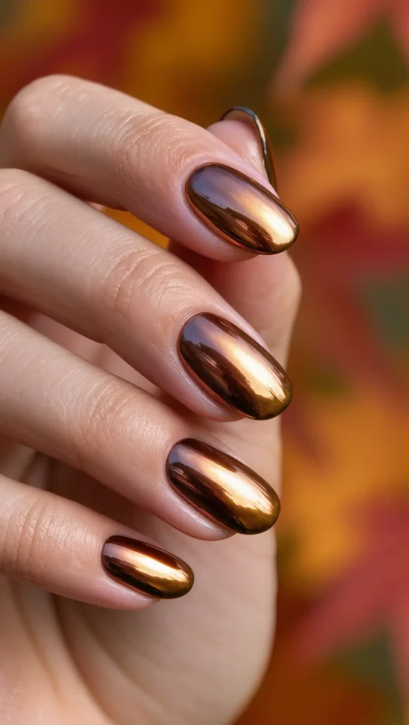 25 Fall Chrome Nail Ideas 2026: Luxe Metallic Manicures That Will Dominate Autumn 11 Burnished Amber Nails