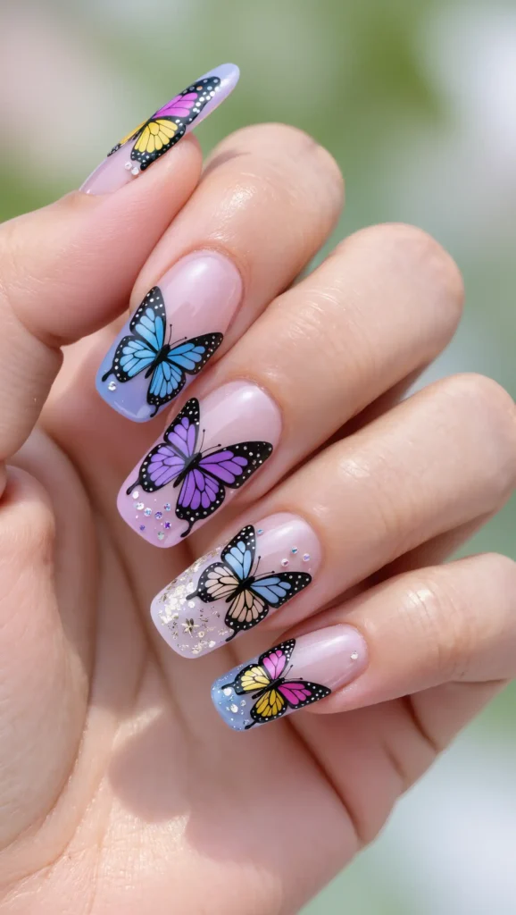 24 Long Summer Nails 2026 That Bring Glamour, Color & Endless Vacation Vibes 13 Butterfly Summer Nails