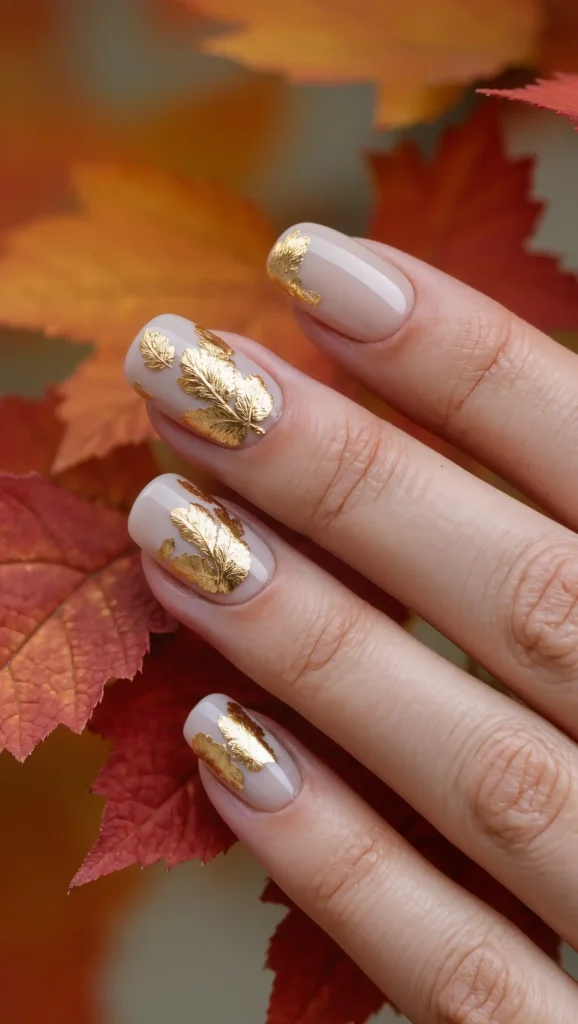 25 Leaf Nail Art Ideas 2026: Nature-Inspired Designs That Are Anything but Basic 18 Champagne Foil Foliage