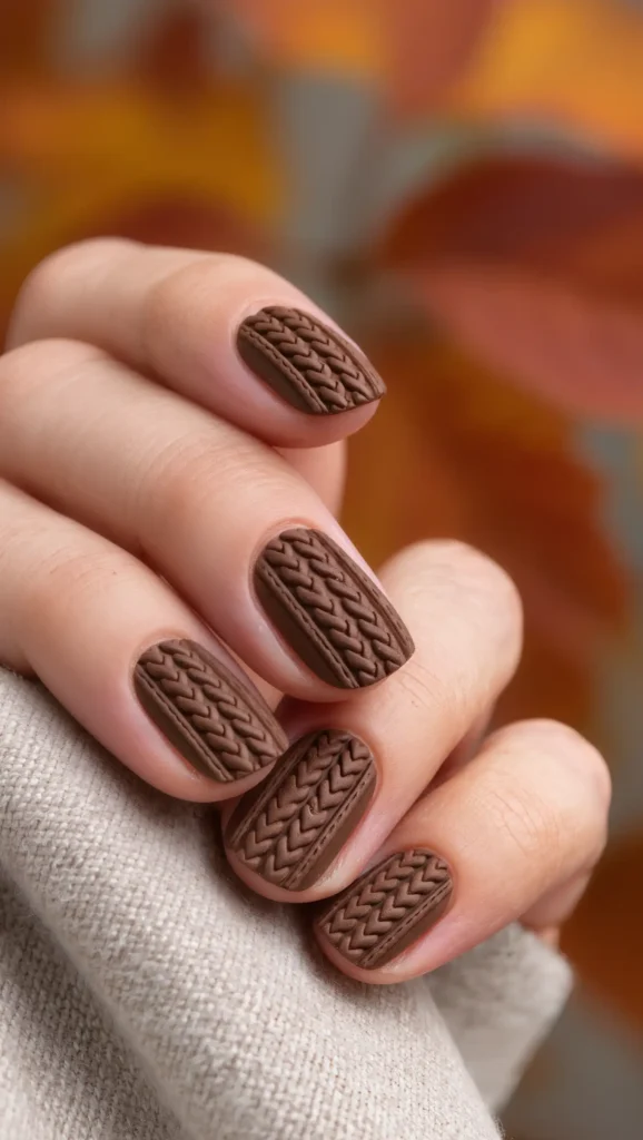 24 Fall Sweater Nail Designs 2026: Chic Manicures Inspired by Your Favorite Knits 15 Chestnut Embossed Nails