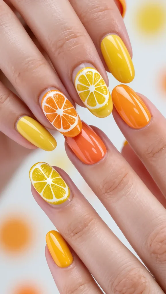 25 Summer Almond Shape Nails 2026 That Are Trendy and Perfect for Sunny Days 14 Citrus Slice Nail Art