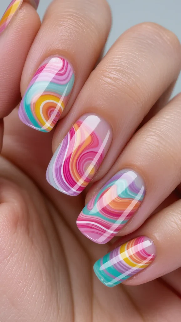 24 Summer Coffin Nail Designs 2026 That Are Bold and Totally Trend-Forward 13 Colorful Swirl Nails