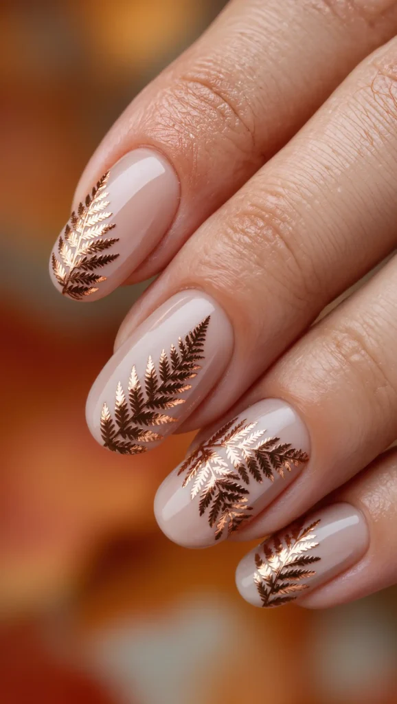 25 Leaf Nail Art Ideas 2026: Nature-Inspired Designs That Are Anything but Basic 6 Copper Fern Accent Nails