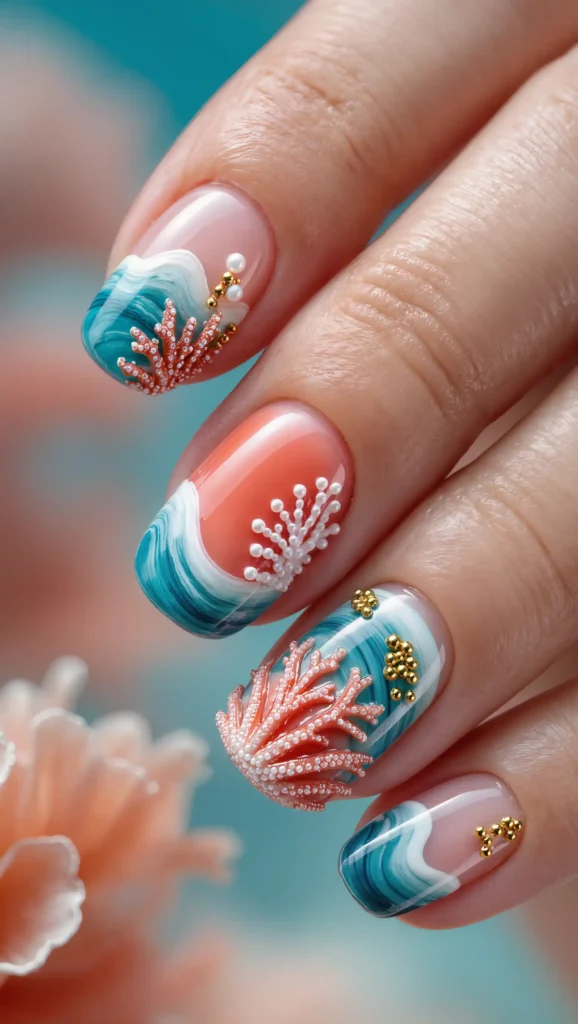 24 Ocean Nail Designs 2026 That Bring Beachy Beauty to Your Fingertips 15 Coral Reef Nail Design