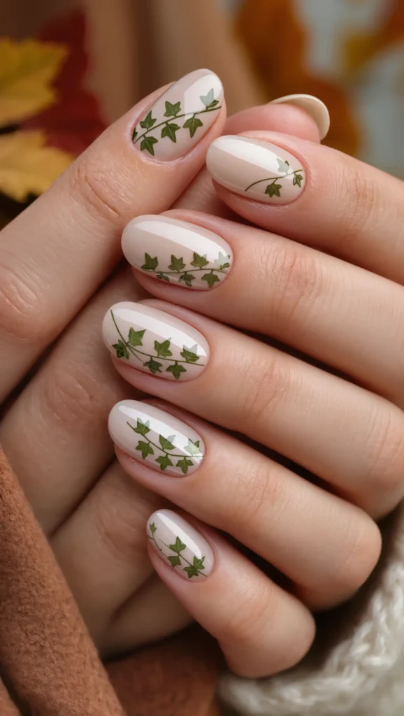 25 Leaf Nail Art Ideas 2026: Nature-Inspired Designs That Are Anything but Basic 16 Delicate Ivy Trail Nails