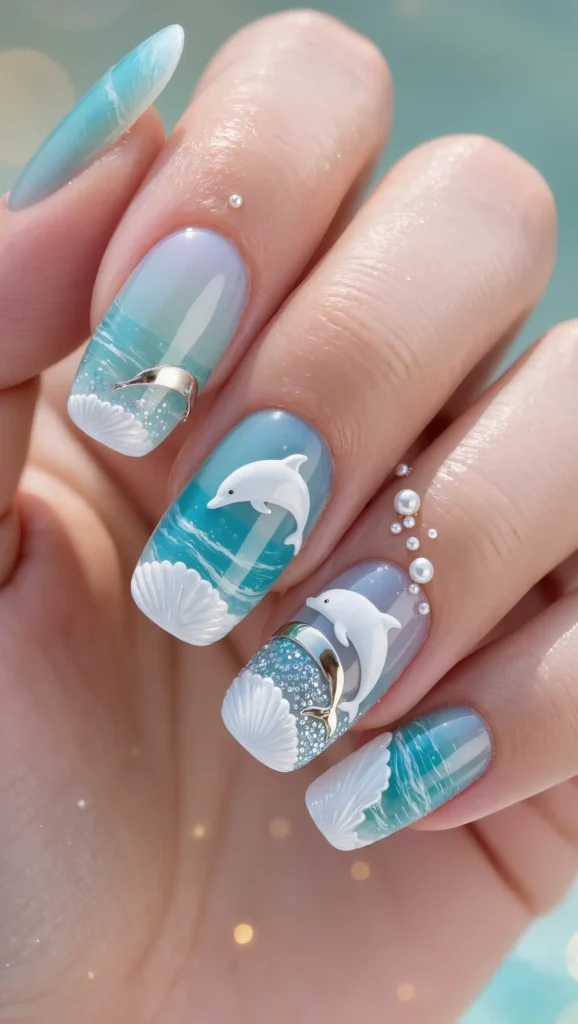 24 Ocean Nail Designs 2026 That Bring Beachy Beauty to Your Fingertips 17 Dolphin Accent Nails