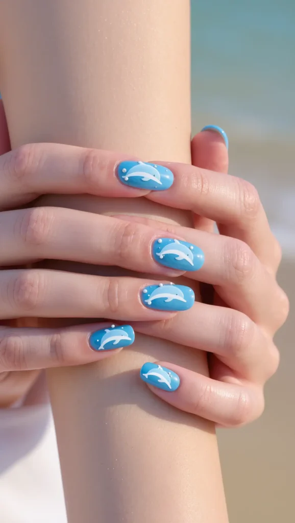 24 Summer Beach Nails Ideas for 2026 That Are Tropical, Trendy & Vacation-Ready 23 Dolphin Blue Nails