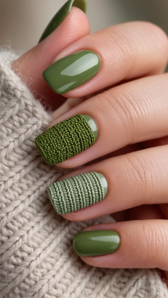 24 Fall Sweater Nail Designs 2026: Chic Manicures Inspired by Your Favorite Knits 20 Forest Moss Knit Nails