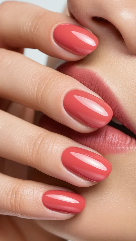 Glossy Coral Short Nails