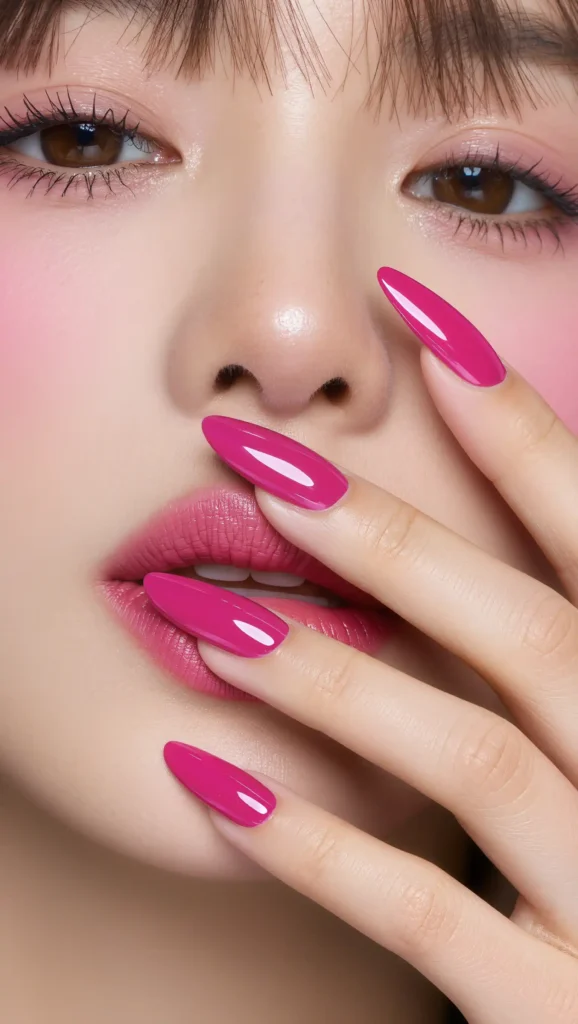 24 Summer Coffin Nail Designs 2026 That Are Bold and Totally Trend-Forward 3 Glossy Hot Pink Nails