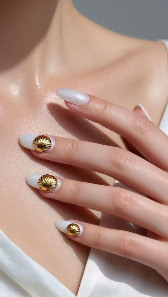 24 Summer Beach Nails Ideas for 2026 That Are Tropical, Trendy & Vacation-Ready 21 Gold Seashell Accent Nails