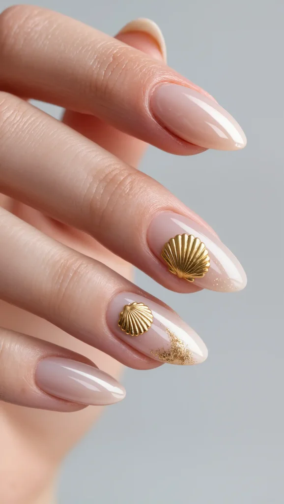 25 Summer Vacation Nail Designs for 2026 That Are Bright, Fun & Made for Getaways 22 Gold Shell Accent Nails