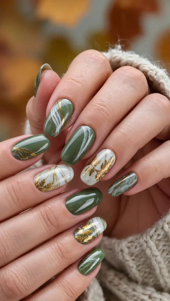 25 Leaf Nail Art Ideas 2026: Nature-Inspired Designs That Are Anything but Basic 23 Green Marble Leaf Nails