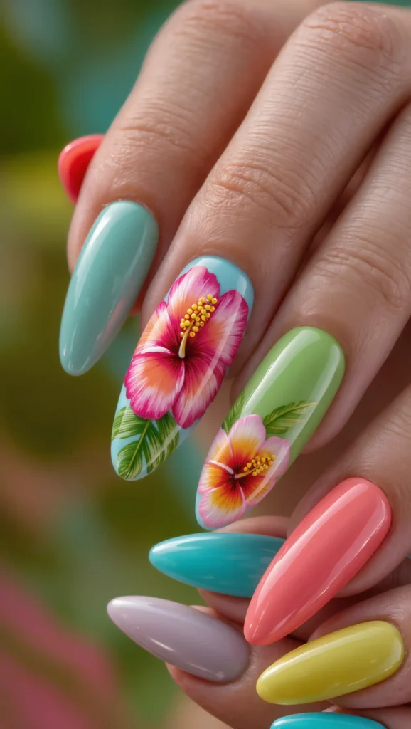 25 Summer Stiletto Nails Inspo 2026: Glamorous Designs That Steal the Spotlight 20 Hibiscus Flower Art
