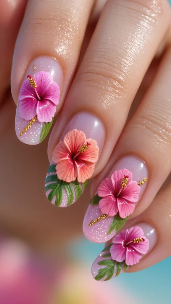 24 Long Summer Nails 2026 That Bring Glamour, Color & Endless Vacation Vibes 15 Hibiscus Flower Nails