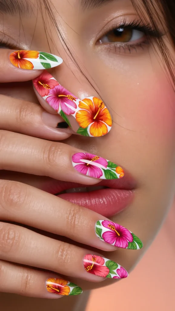 24 Tropical Nails Inspo for 2026 That Bring Island Vibes to Your Fingertips 4 Hibiscus Flower Nails