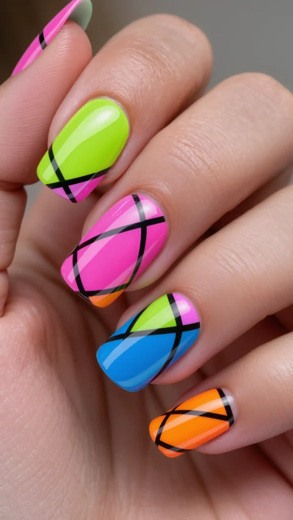 24 Summer Coffin Nail Designs 2026 That Are Bold and Totally Trend-Forward 22 Neon Color Block Nails