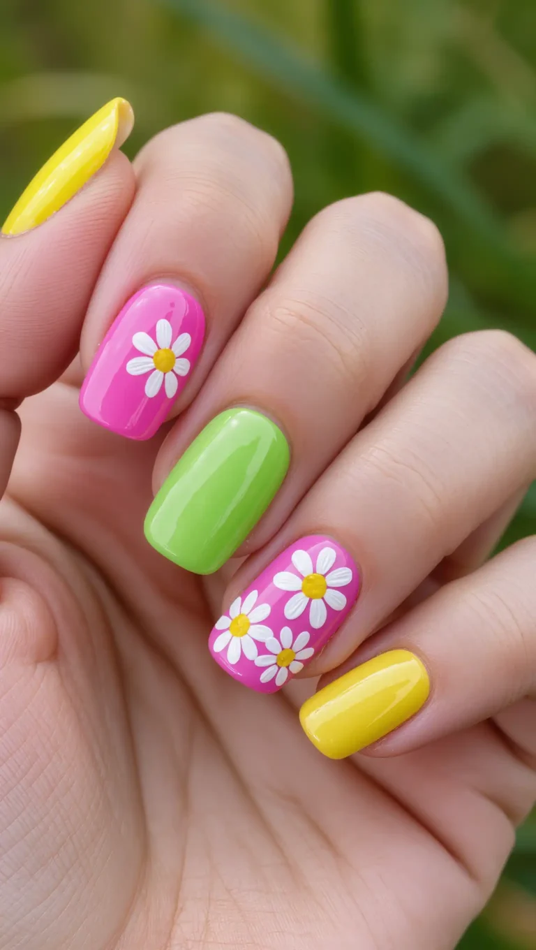 25 Neon Summer Nails 2026 That Will Make Your Manicure Glow All Season 1 Neon Daisy Nail Design