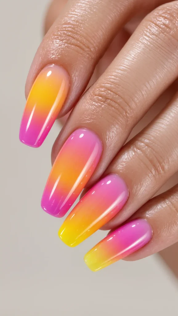 25 Summer Stiletto Nails Inspo 2026: Glamorous Designs That Steal the Spotlight 2 Neon Sunset Stiletto Nails